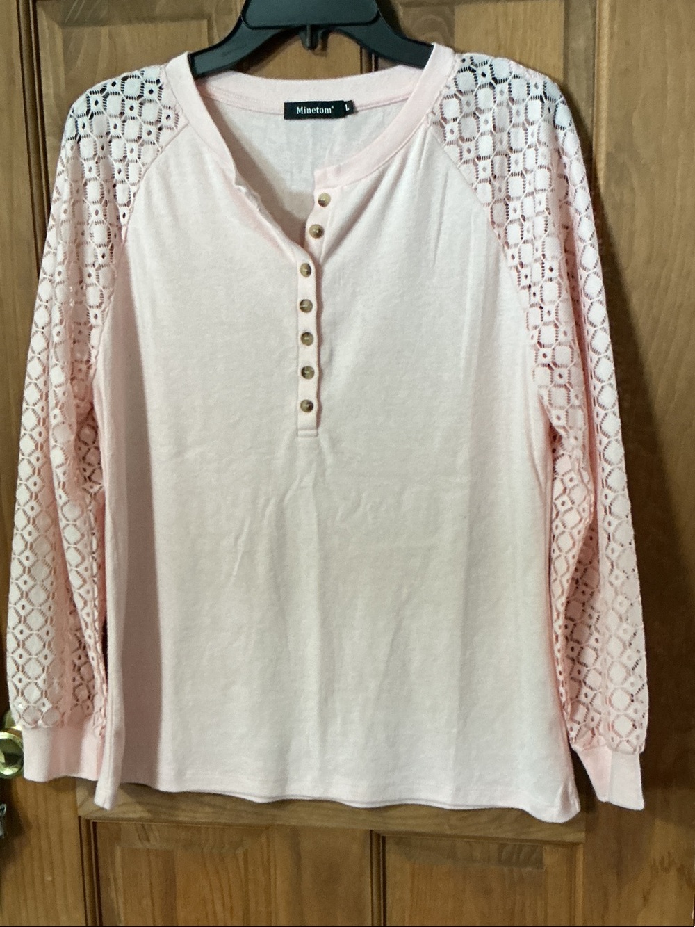 mine Pale Pink Lace-Sleeve Henley Long Sleeve Top